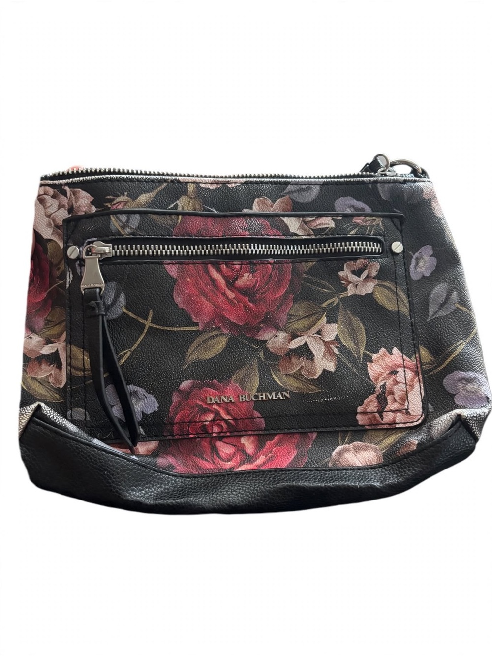 Dana Buchman Black Floral Crossbody with Front Zip Pocket